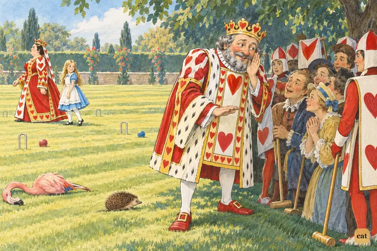 As the Queen leads Alice away, the timid King whispers a pardon to the prisoners