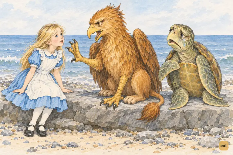 On the grey rock ledge by the sea, the Gryphon holds up a talon to silence Alice.
