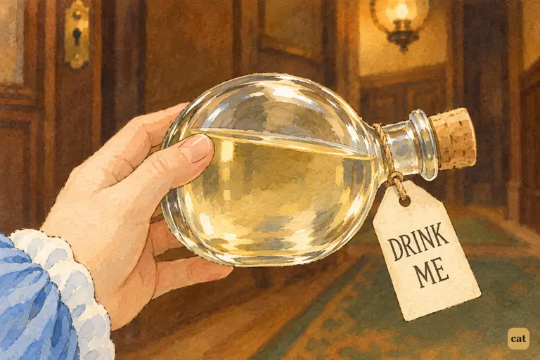 A child's hand turns the little "DRINK ME" bottle in the lamplight to check its last side.