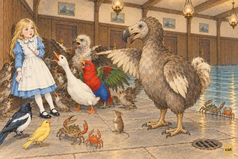 The Dodo points one wing at Alice and names her as the one to give the prizes.