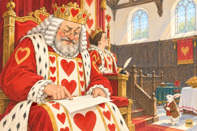 The King of Hearts hunches over the sheet of verses spread on his knee.