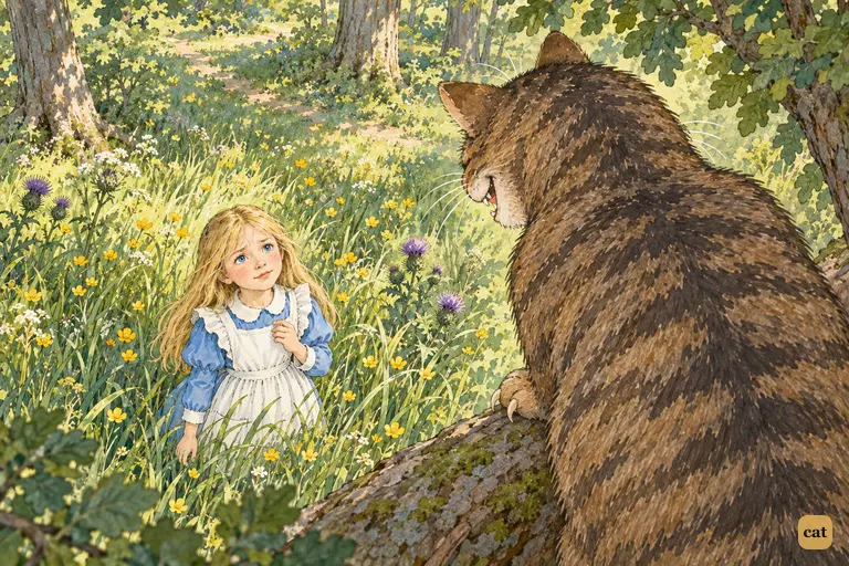 Seen past the Cheshire Cat's striped shoulder, the Cat begins its proof of madness