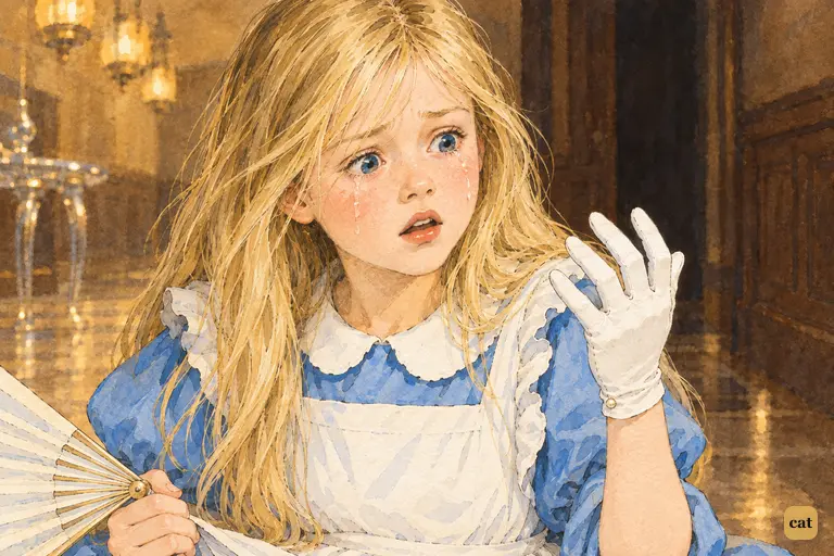 Alice stops mid-sentence, seeing one of the White Rabbit's white kid gloves on her hand