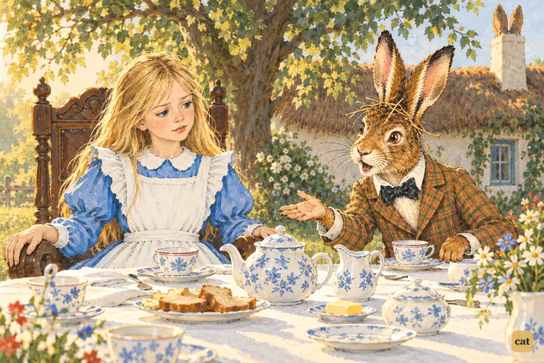 The March Hare leans over the crowded tea-table and offers Alice wine.