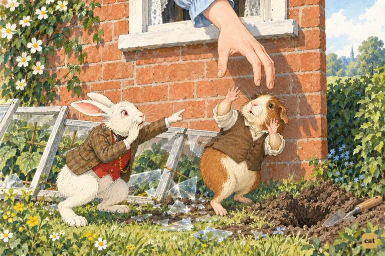 Pat, the timid guinea-pig, tiptoes over broken glass towards the giant hand hanging from the window.