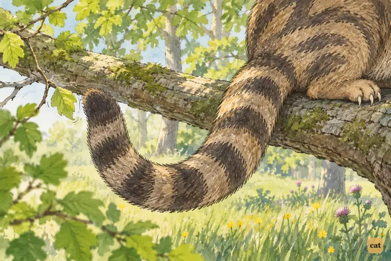 A close-up of the Cheshire Cat's striped tail, which swings off the bough in one slow, lazy curl.