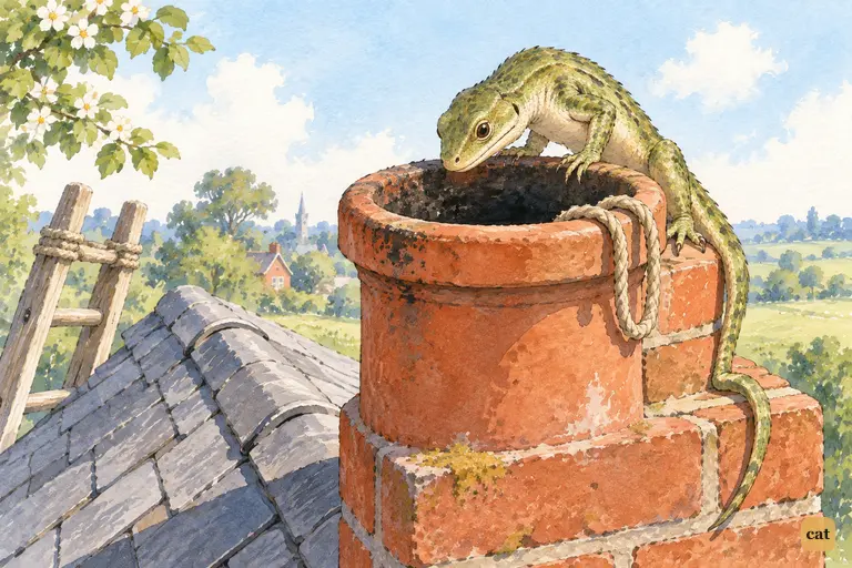 Bill the Lizard clings to the Rabbit's chimney pot and stares nervously into the dark