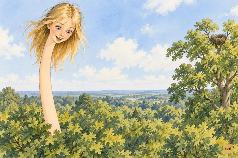 Alice's small head, still smiling, rises high above the wood on a very long neck.