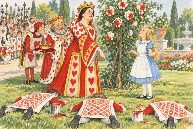 The Queen of Hearts points at the three face-down gardeners and demands who they are