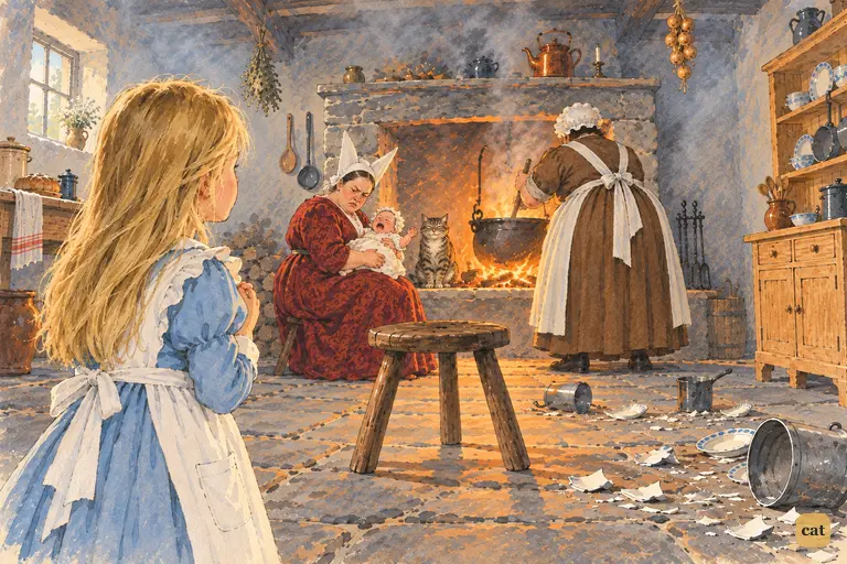 After the Duchess's order to chop off her head, tiny Alice glances anxiously at the cook