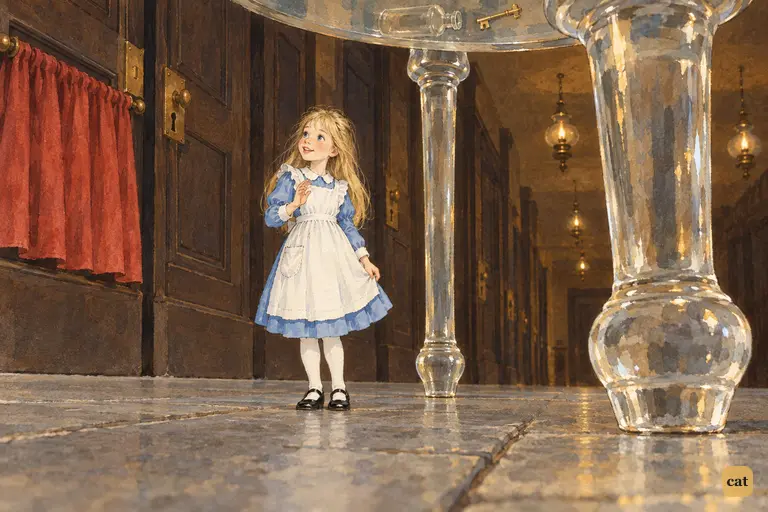 Alice has shrunk to ten inches tall and stands among the pillar-like legs of the glass table.