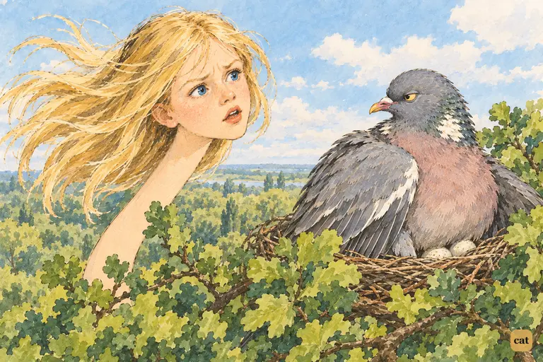Alice turns her long neck toward the Pigeon's nest and insists she isn't after eggs