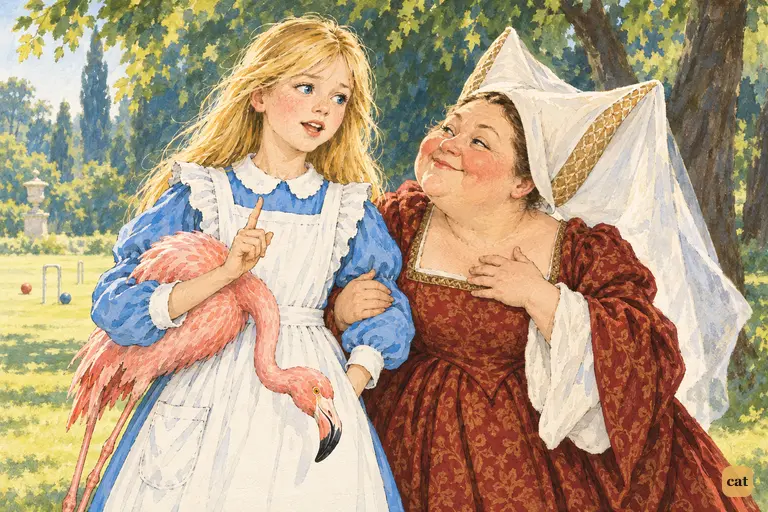 On a sunny walk at the edge of the croquet-ground, Alice points out that mustard isn't a bird.
