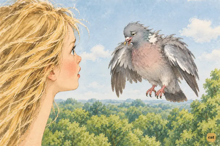High above the tree-tops, Alice stares, puzzled and still indignant, at the exhausted Pigeon.