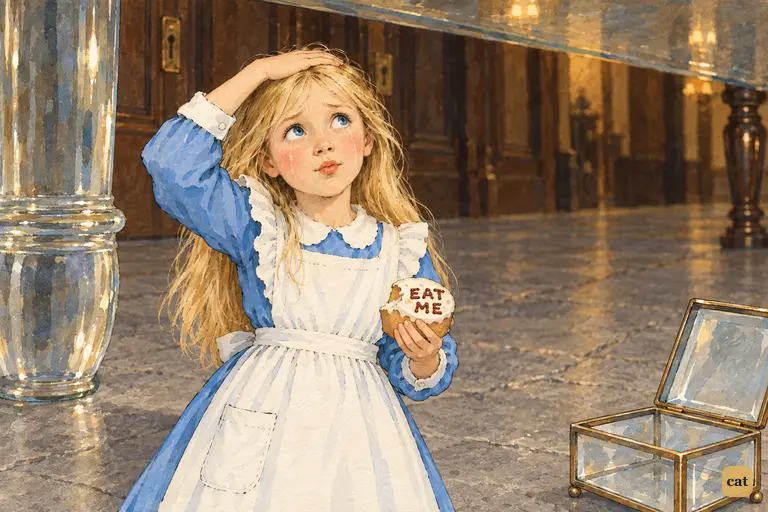 Tiny Alice has just taken a bite of the EAT ME cake.