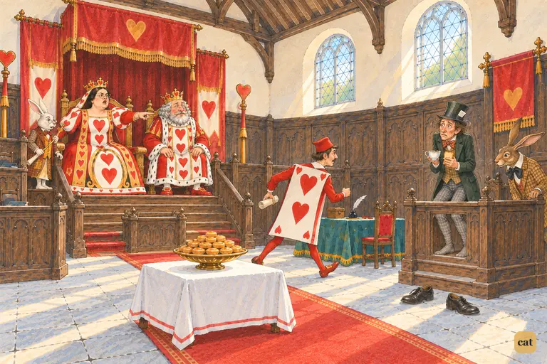 Staring at the Hatter, the Queen sends an officer for the list of singers