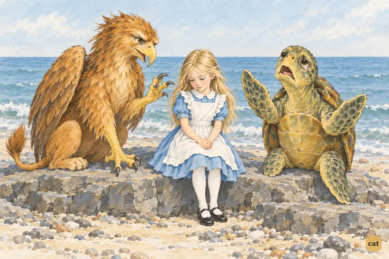 The Mock Turtle throws up his flappers and the Gryphon raises a claw to stop the recital