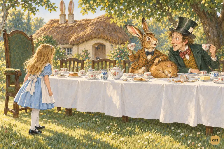 Alice steps onto the lawn and sees the tea-party for the first time.
