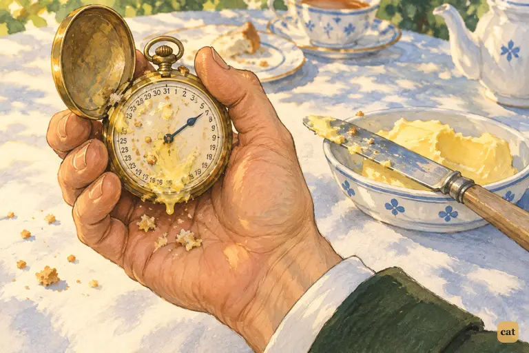 The Hatter holds out his open watch, its works gummed with butter and crumbs