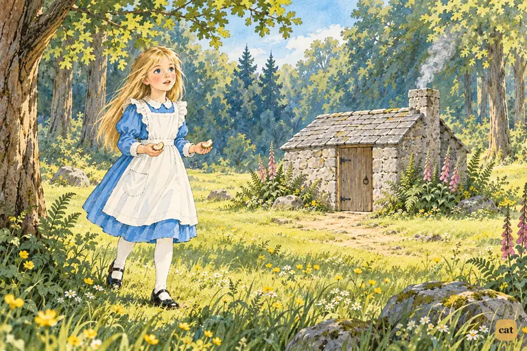 Alice is back at her own height and steps out of the wood into a sunny clearing.