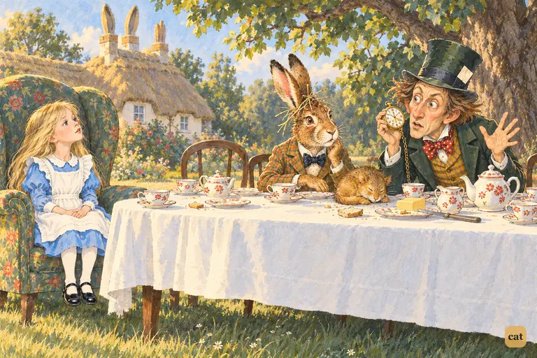 The Hatter shakes his watch, holds it to his ear and asks Alice the day of the month
