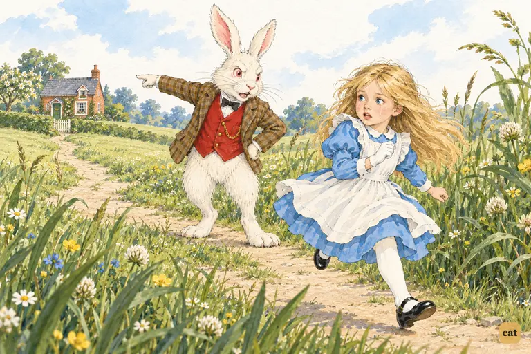 Frightened, tiny Alice runs down the sunny path toward the White Rabbit's cottage