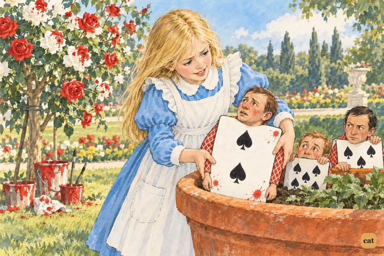 Alice lowers Two into a big flower-pot where Five and Seven already peep over the rim