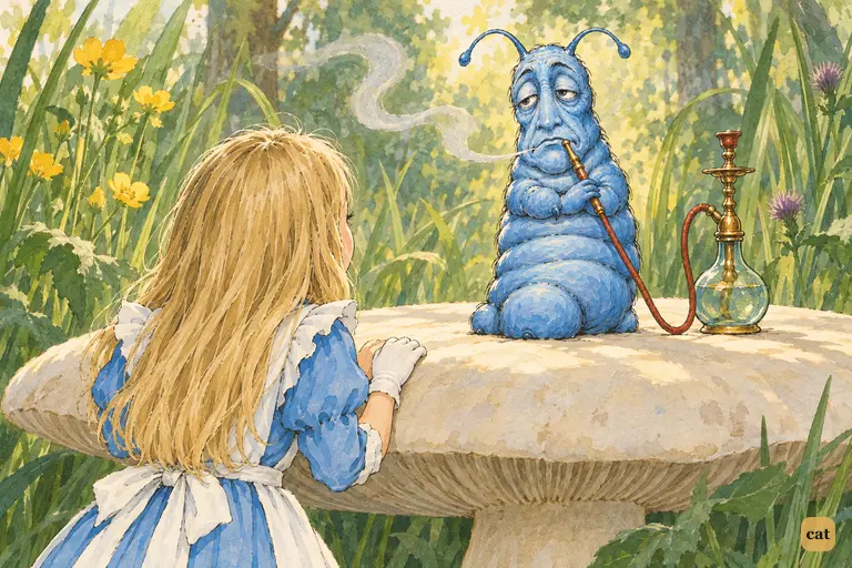 Peeping over the mushroom on tiptoe, Alice is eye to eye with a large blue Caterpillar