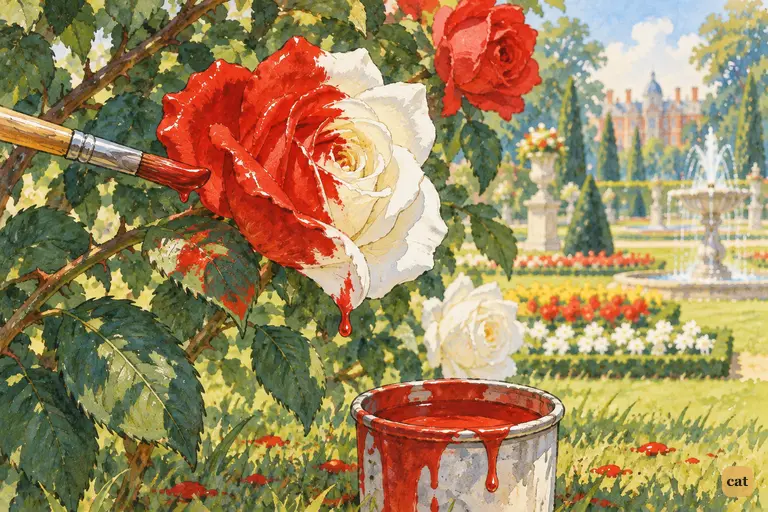 A white rose half covered in wet red paint, the brush stopped mid-stroke