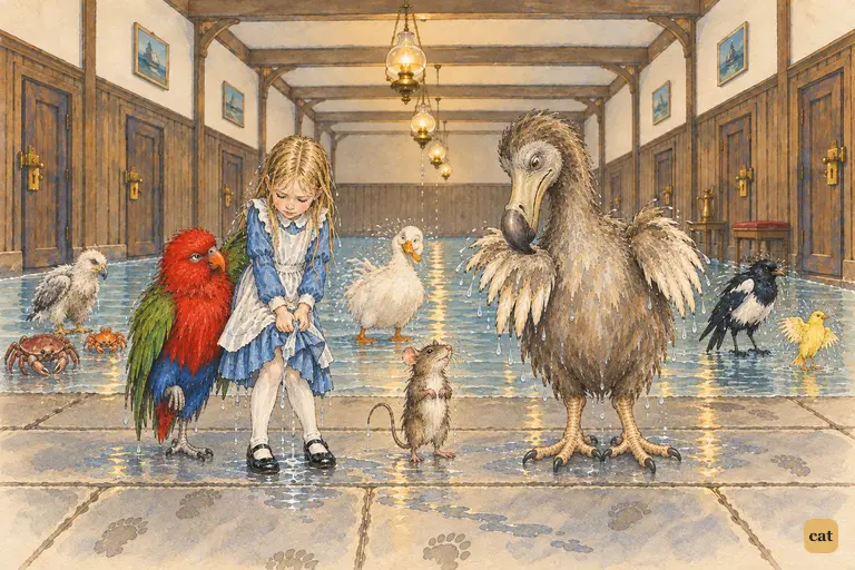 Tiny, soaked Alice stands in the hall with a dripping company of birds and animals