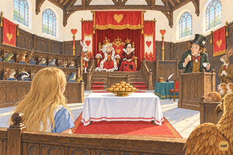A small bird on the jury raises its claw and asks, "But what did the Dormouse say?"