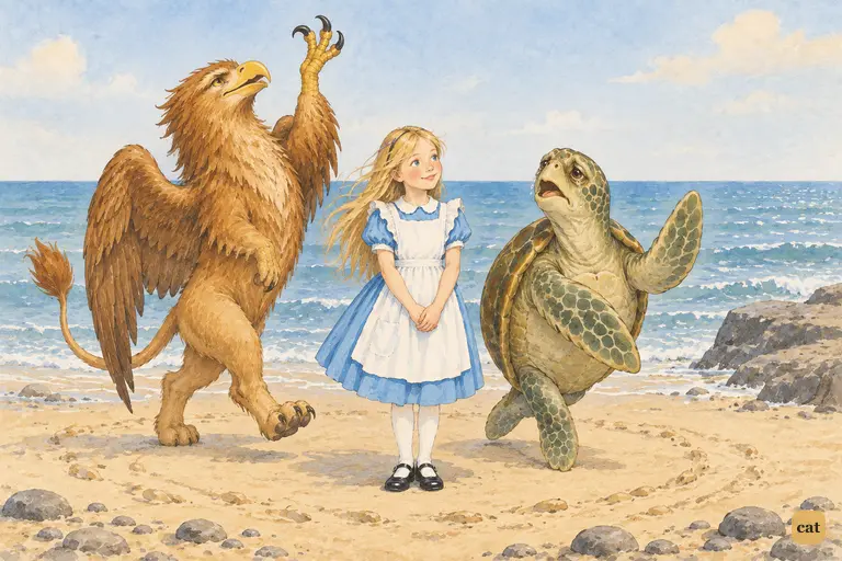 The Mock Turtle sings sadly as he and the Gryphon circle a polite, puzzled Alice