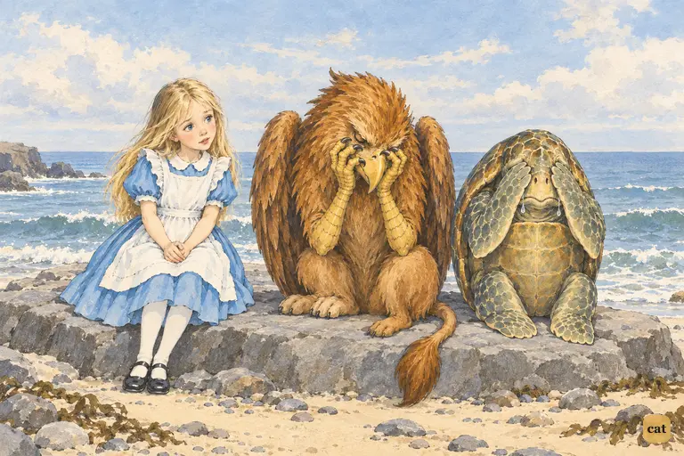 The Gryphon and the Mock Turtle bury their faces in grief for their old master