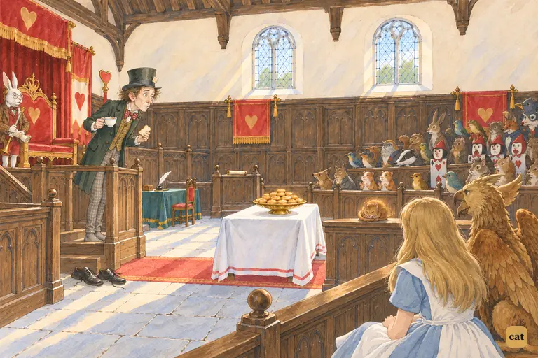 The shoeless Hatter looks anxiously across the court for the Dormouse