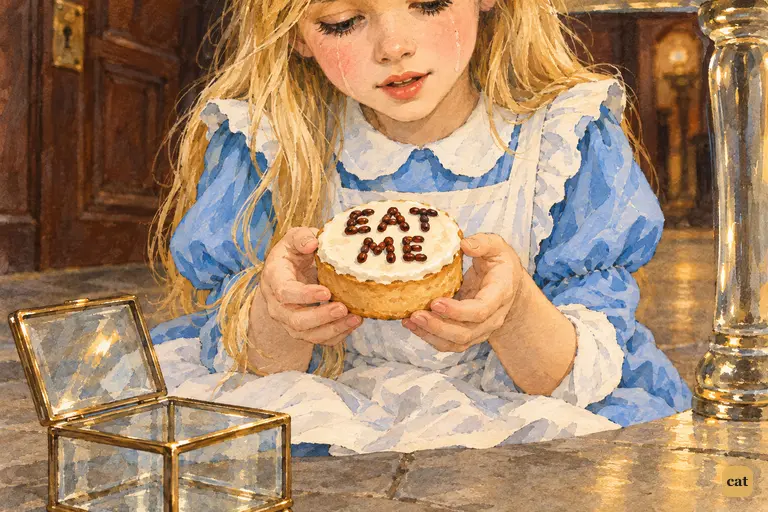 Under the glass table, tiny Alice lifts a small cake marked EAT ME in currants