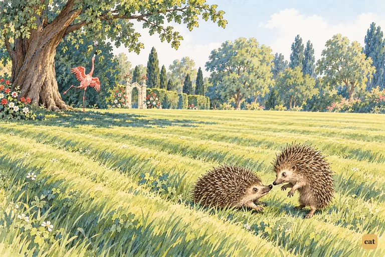 Alice's hedgehog is fighting another hedgehog in a furrow of the ridged croquet-ground.