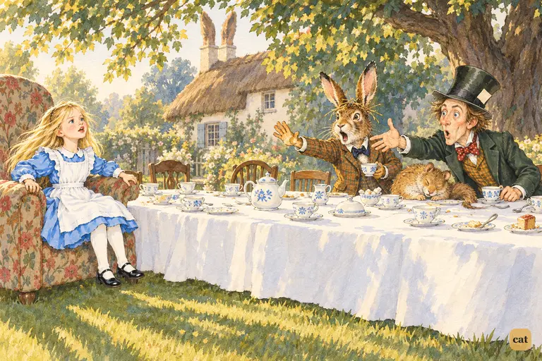 Alice drops indignantly into the big arm-chair at one end of the long tea-table.