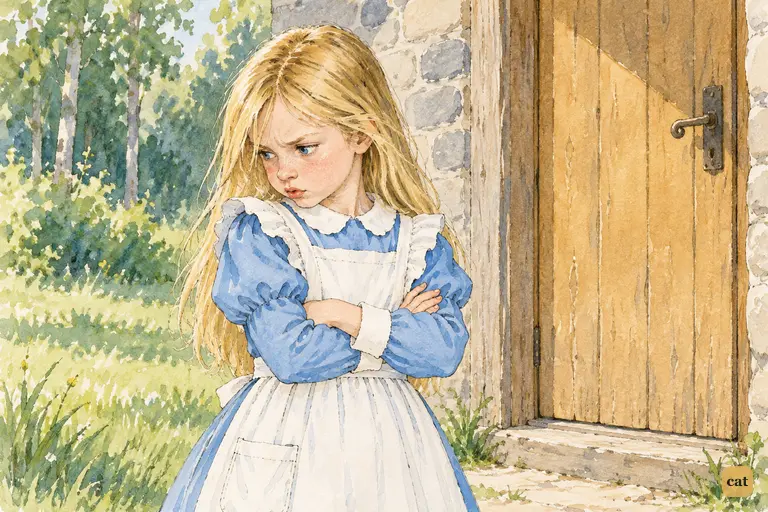 Alice stands in front of the tall shut door of the tiny house with her arms folded tight.