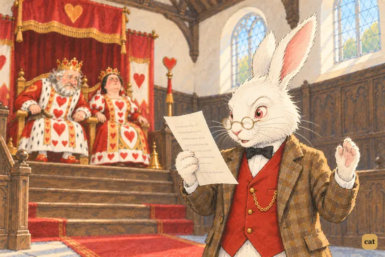 In spectacles, the White Rabbit solemnly reads the nonsense verses aloud