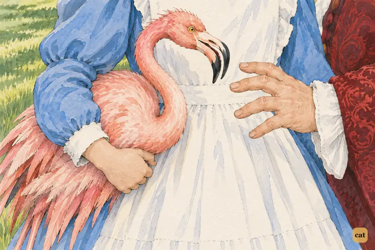 As the Duchess reaches for Alice's waist, the flamingo opens its beak at her hand