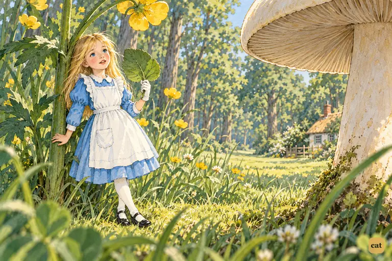 Three-inch Alice leans on a tree-tall buttercup stalk, fanning herself with a leaf