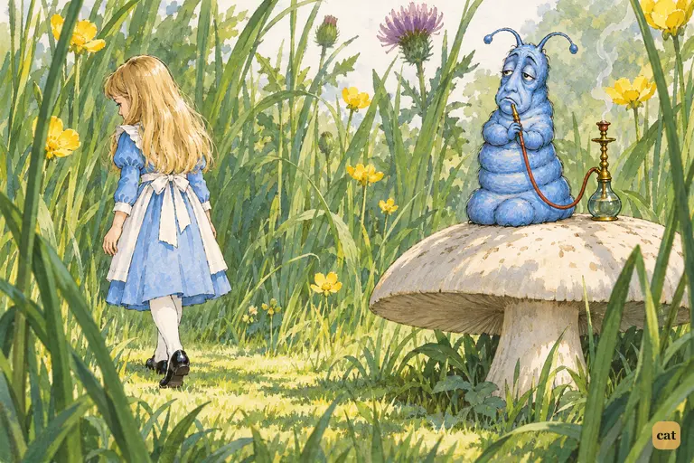 With no answer for the Caterpillar, Alice turns and walks off into forest-tall grass