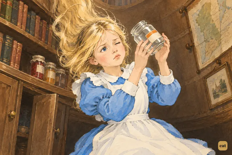 Alice drifts slowly down the deep well and peers into the jar she took from a shelf.