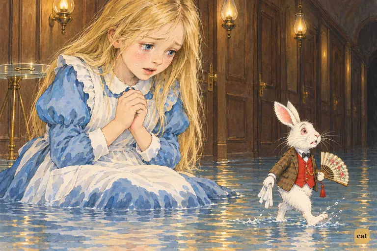 Tear-soaked giant Alice leans down to the tiny White Rabbit and timidly speaks