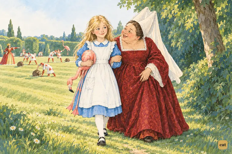 The Duchess tucks her arm into Alice's and they walk along the croquet-ground