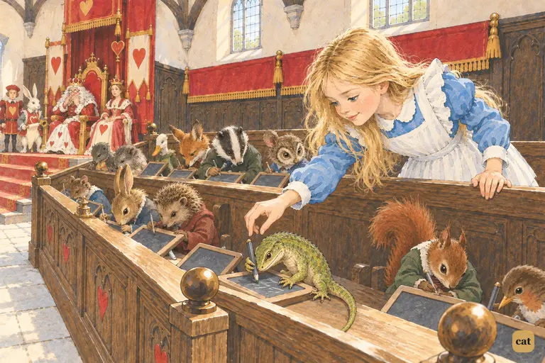 Alice has crept behind the jury-box and leans down over the back bench.