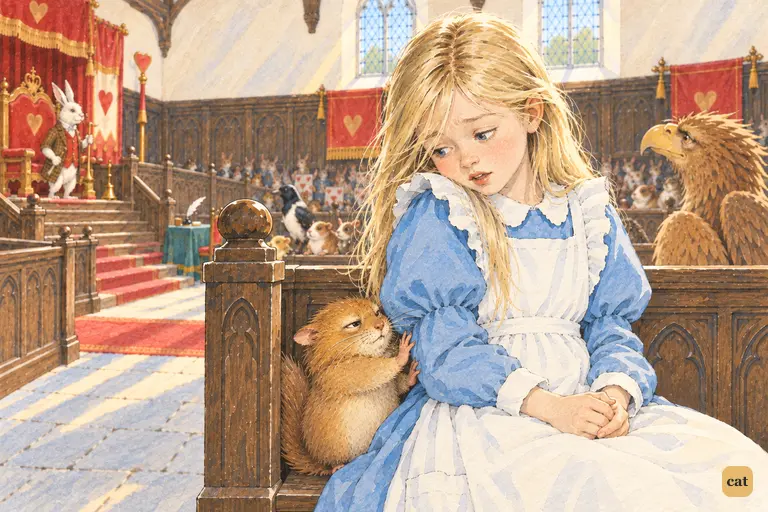 Growing Alice squashes the indignant Dormouse against the arm of the bench