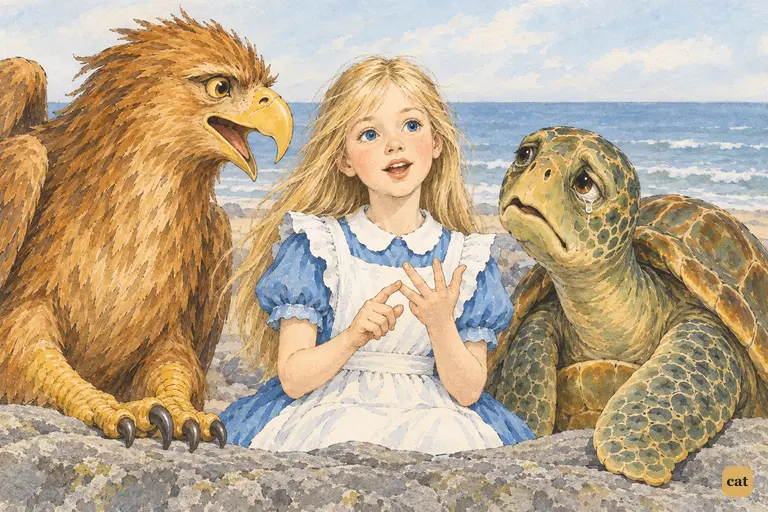 Alice sits on the rock ledge by the sea and tells her adventures.