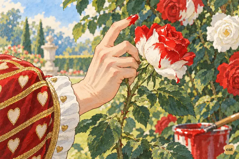 A close-up of the Queen of Hearts' hand holding one rose from the bush.