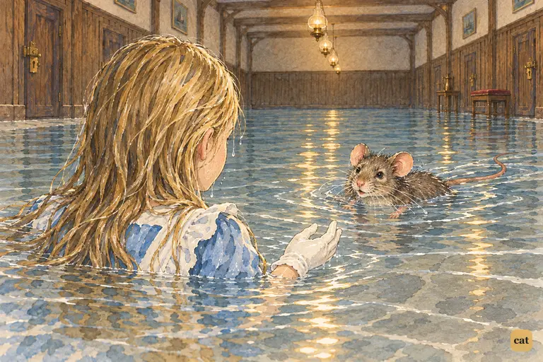 Alice calls softly, and the offended Mouse swims slowly back to her
